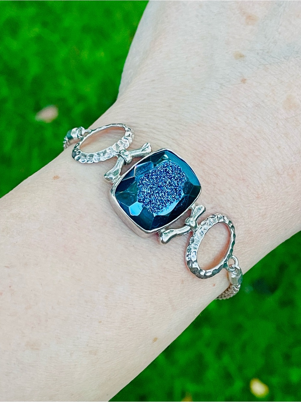 Sterling 925 Silver Bracelet with steel Teal Blue Druzy Quartz